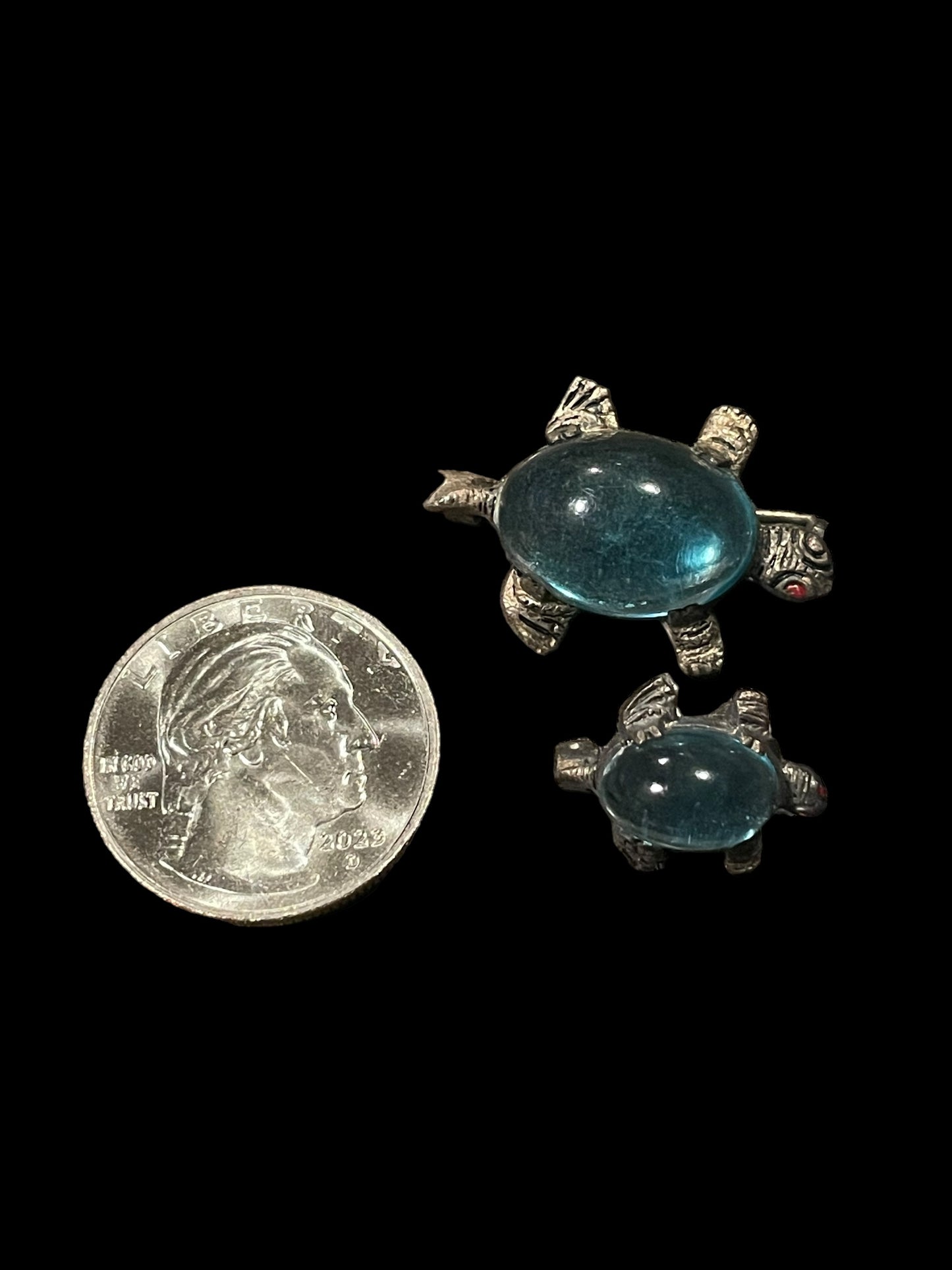 Set of 2 Antique C-Clasp Blue Glass Jelly Belly Turtle Brooch Pins