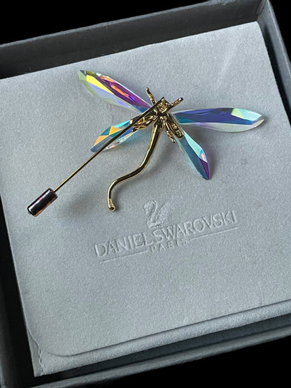 Daniel Swarovski Signed Gold Plated 925 Silver AB Cut Faceted Crystal Dragonfly Stick Pin Brooch