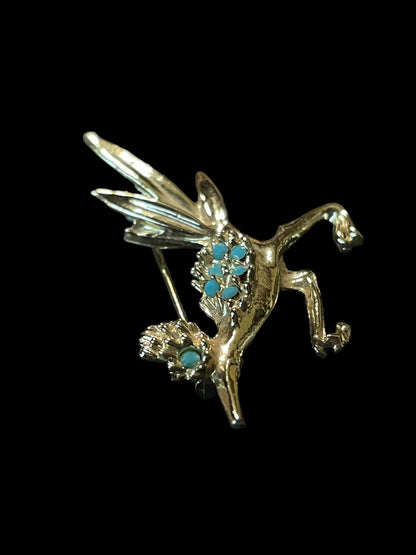 Vintage Gold Tone with Turquoise Stones Road Runner Brooch Pin