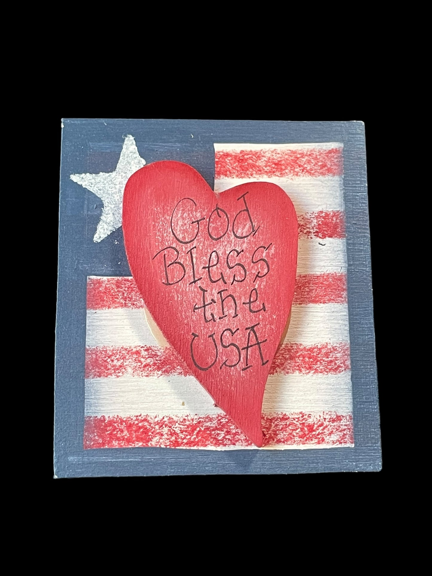 God Bless The USA American Flag and Heart Wooden Square Brooch Pin