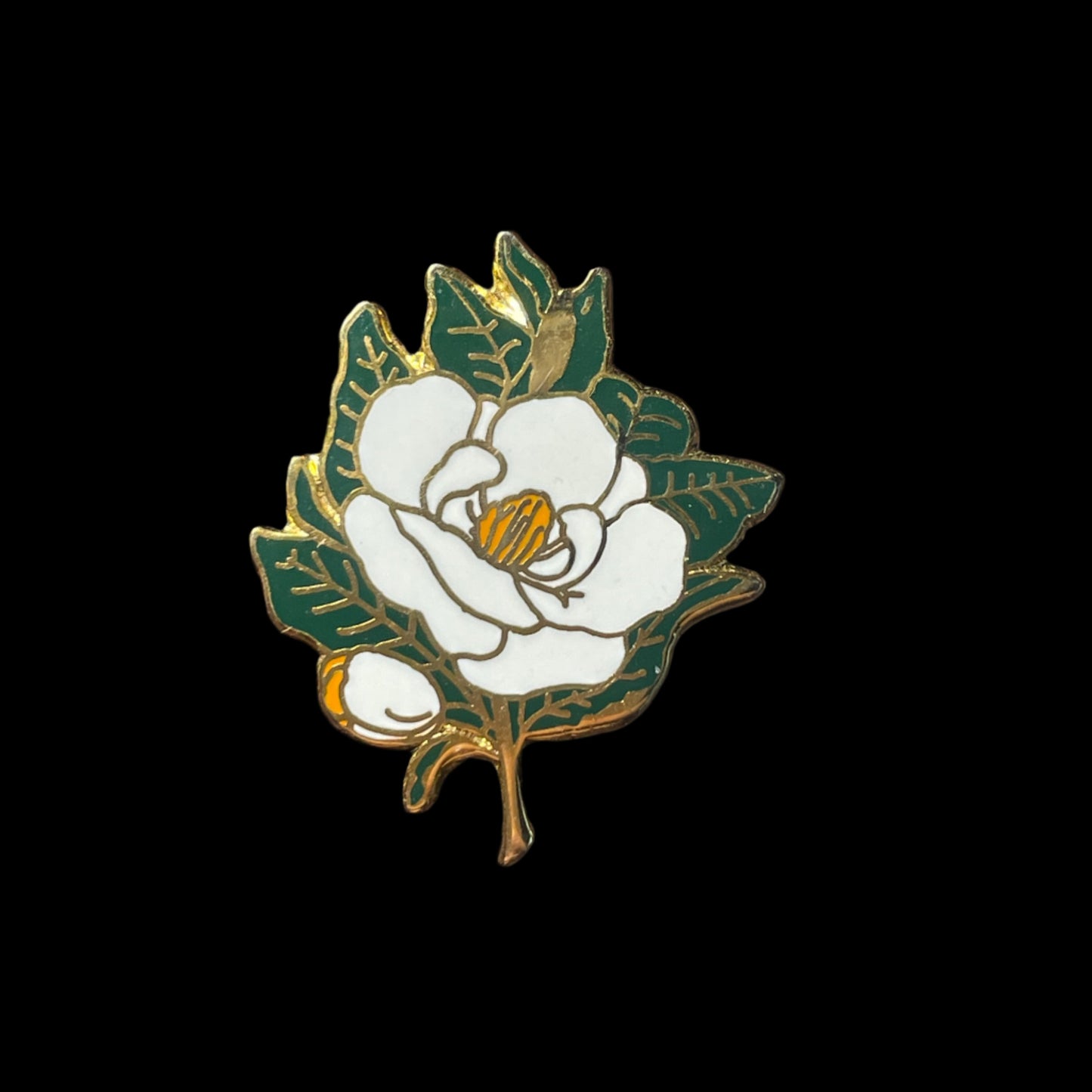 Magnolia White Flower Enamel Brooch Pin Vintage