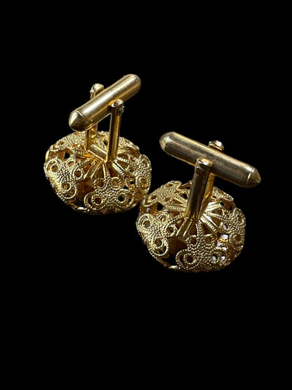 Vintage Gold Tone Filigree Cufflinks and Tie Pin with Blue Glass Stones Mens Jewelry Set