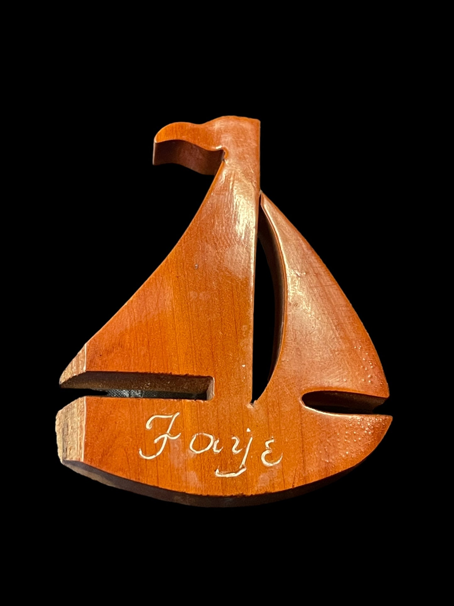 Wooden Carved Sail Boat Brooch Pin