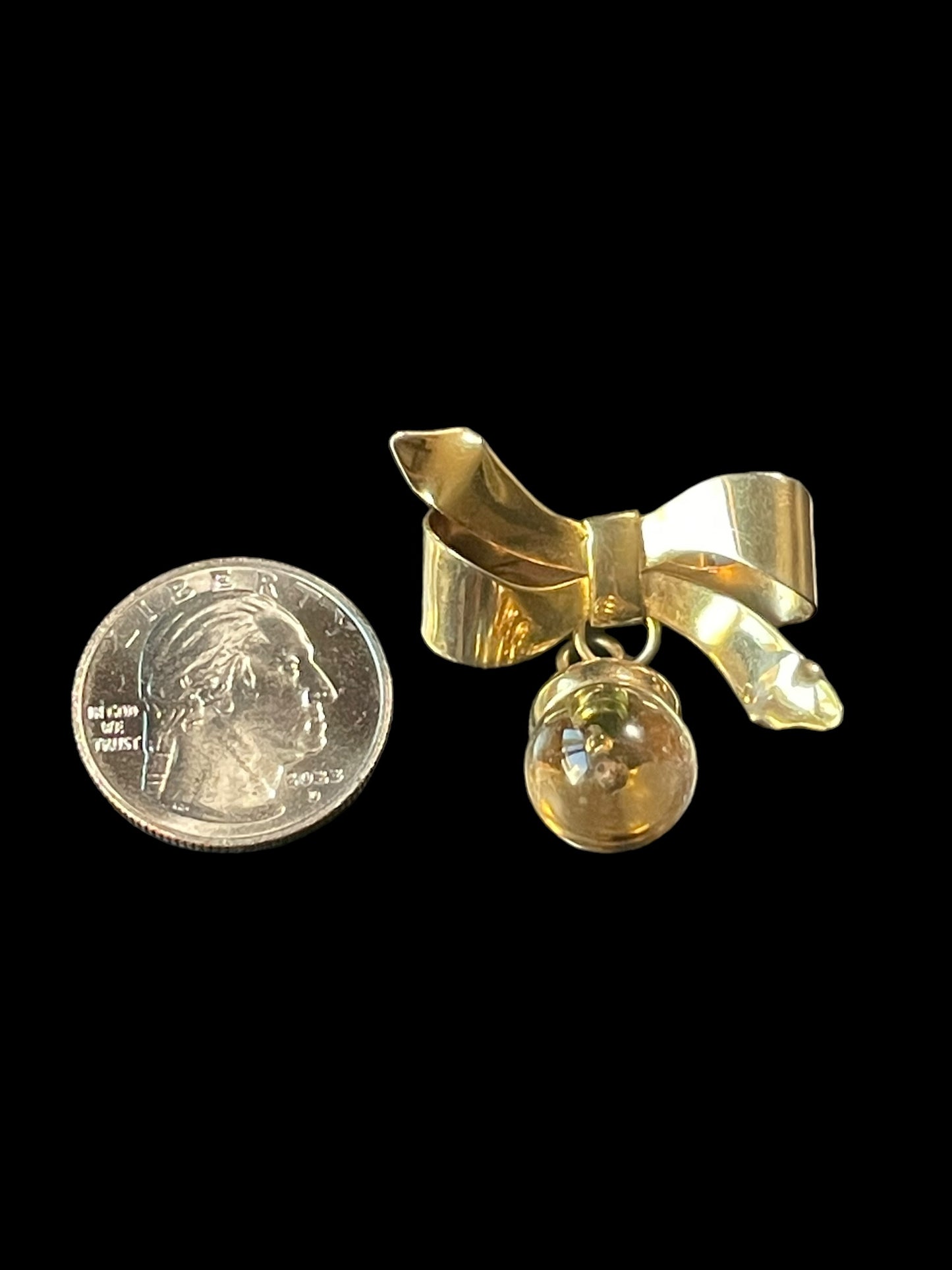 Vintage Gold Tone Bow with Dangling Mustard Seed Orb Charm Symbolizing Faith