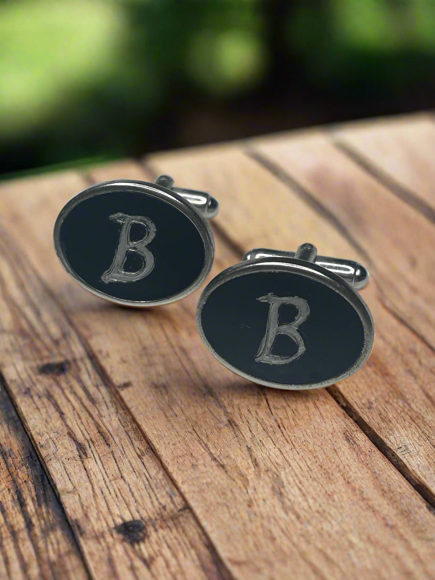 Oval Silver Tone Black Enamel B Initial Men Vintage Cufflinks