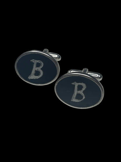 Oval Silver Tone Black Enamel B Initial Men Vintage Cufflinks