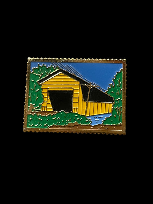 Vintage Colorful Rustic Covered Bridge Keepsake Enamel Brooch Pin