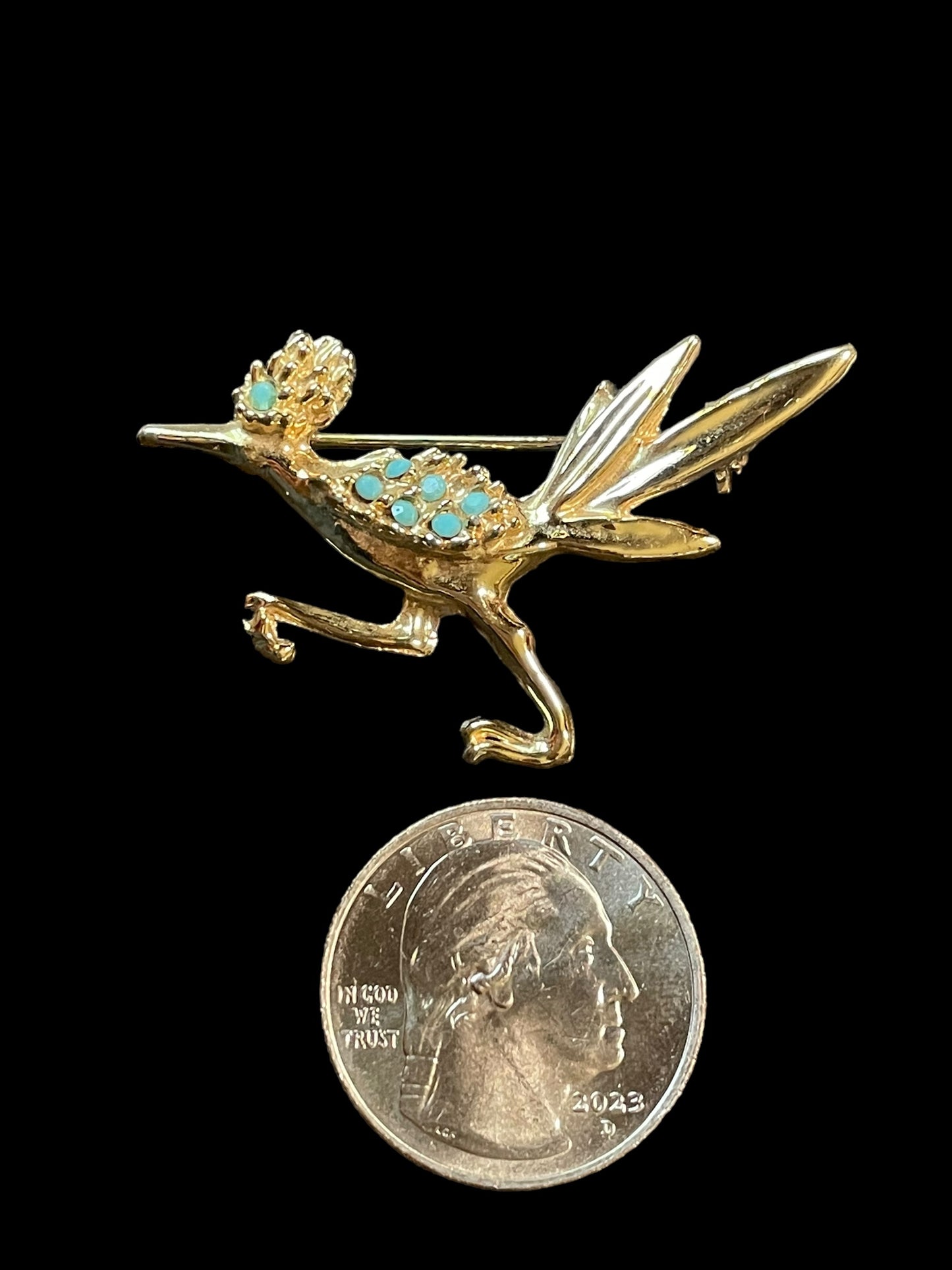 Vintage Gold Tone with Turquoise Stones Road Runner Brooch Pin