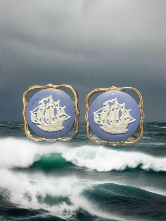 Wedgwood Nautical Ship Gold Tone Blue Jasperware Cufflinks Vintage