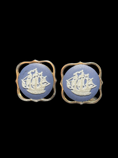 Wedgwood Nautical Ship Gold Tone Blue Jasperware Cufflinks Vintage