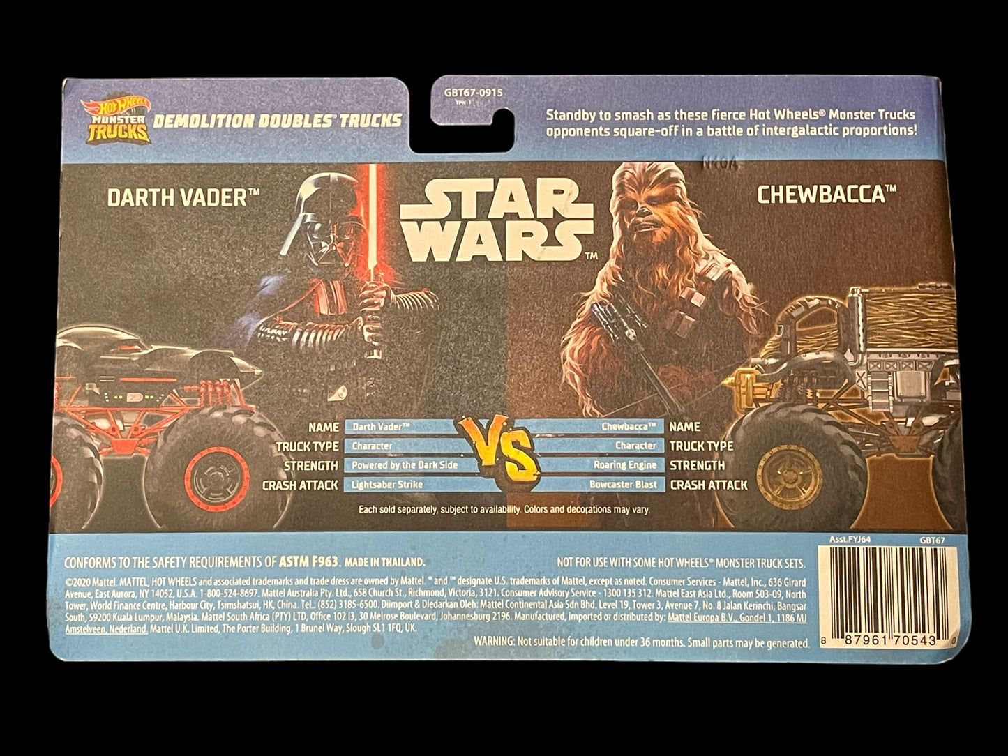 2020 Hot Wheels Star Wars Monster Trucks Demolition Doubles Darth Vader vs Chewbacca