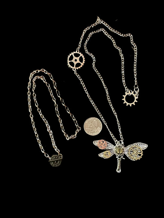 Steampunk Dragonfly and Cogwheels Necklaces