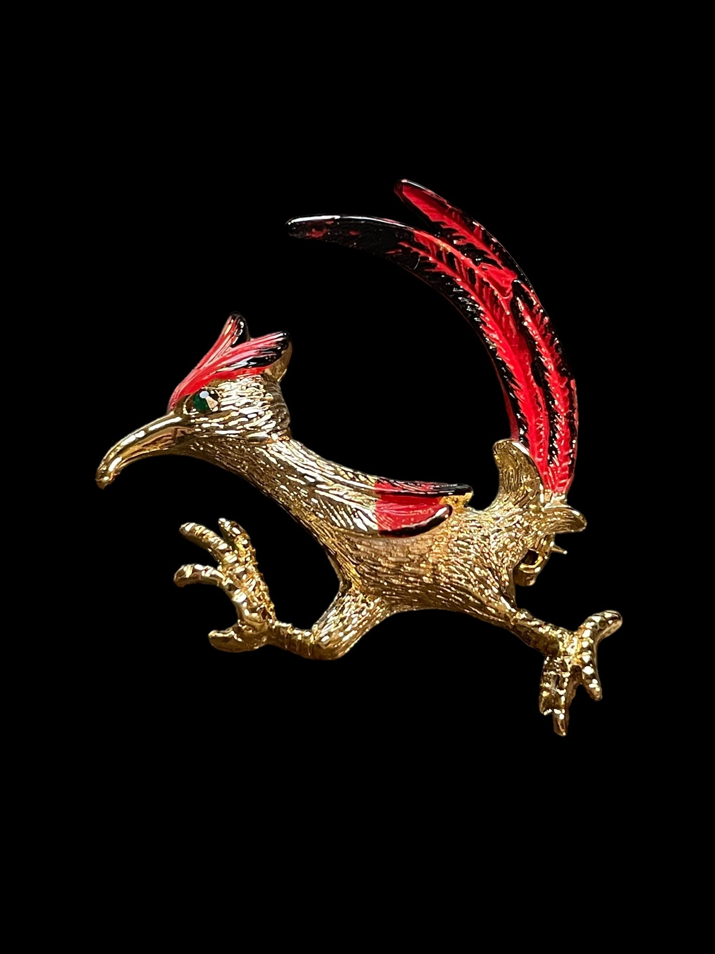 Vintage Gerry's Gold Tone and Red Roadrunner with Green Gemstone Enamel Brooch Pin