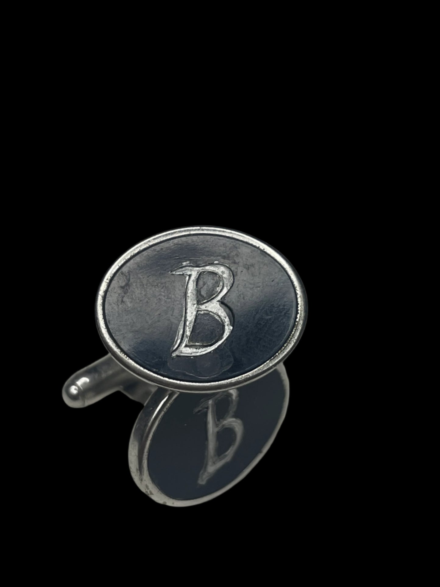 Oval Silver Tone Black Enamel B Initial Men Vintage Cufflinks