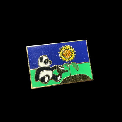 Panda Watering Sunflower in Field Enamel Brooch Pin Vintage