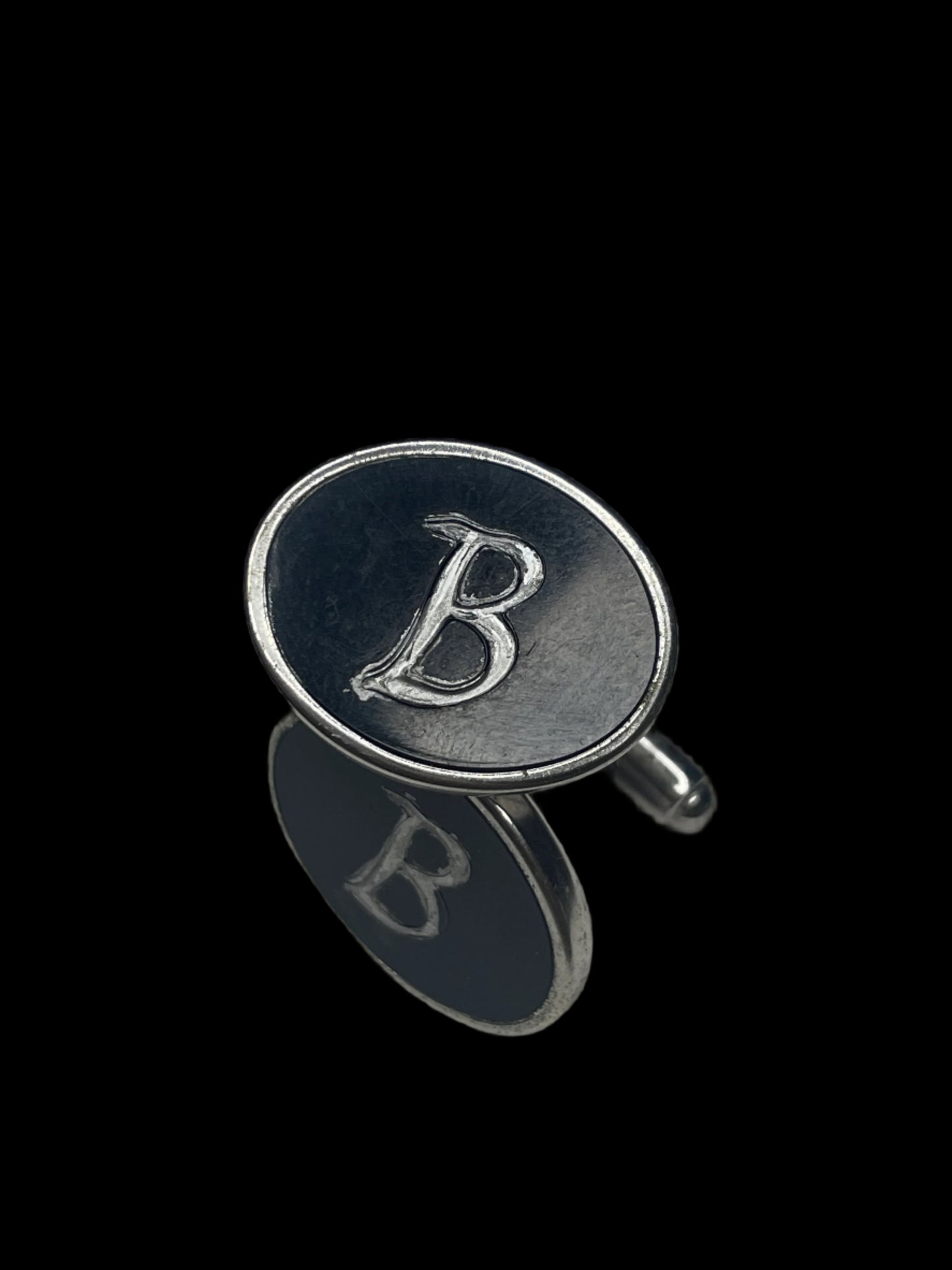 Oval Silver Tone Black Enamel B Initial Men Vintage Cufflinks