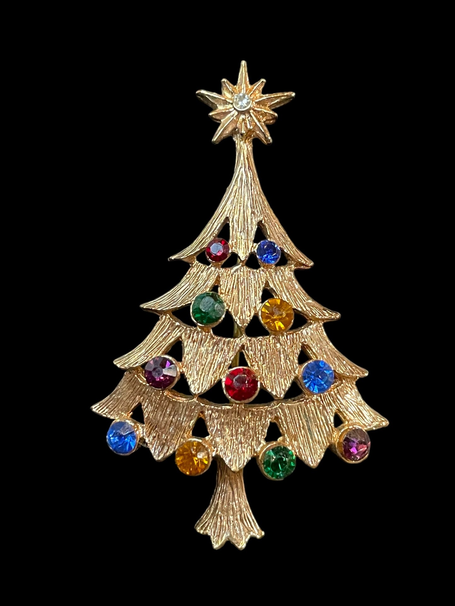 Vintage Gold Tone Multi Color Gemstones Christmas Tree Brooch Pin