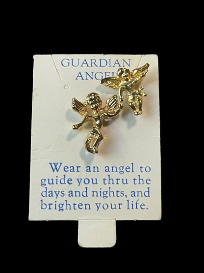 Set of 2 Vintage Gold Tone Winged Angel Cherub Tie Tack Pin