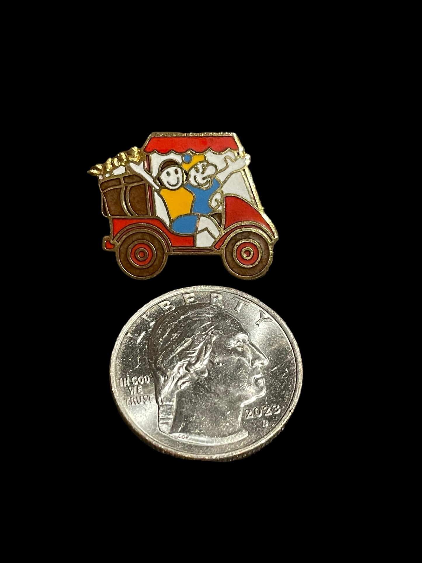 Vintage Golfers in Red Golf Cart Enamel Brooch Pin