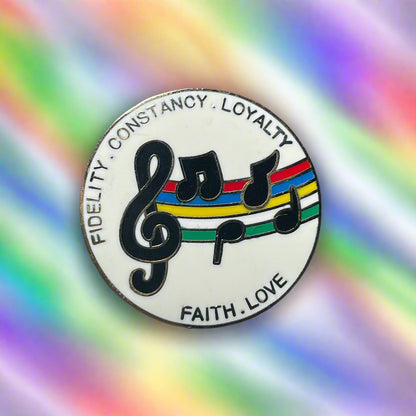 Fidelity Constancy Loyalty Faith and Love Rainbow Music Note Enameled Brooch Pin Vintage