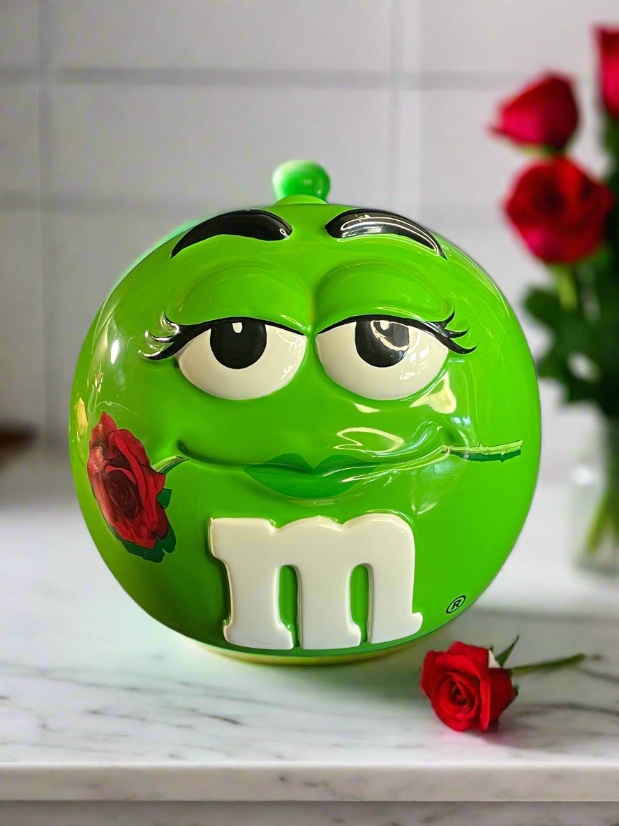 Vintage Galerie Mars M&M Green Candy with Rose Ceramic Cookie Jar with Lid