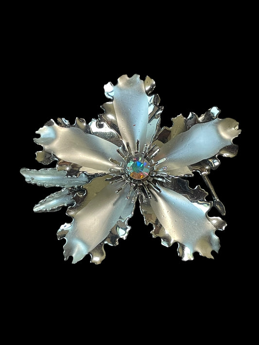 Vintage Silver Tone Aurora Borealis Rhinestone Center Flower Brooch Pin