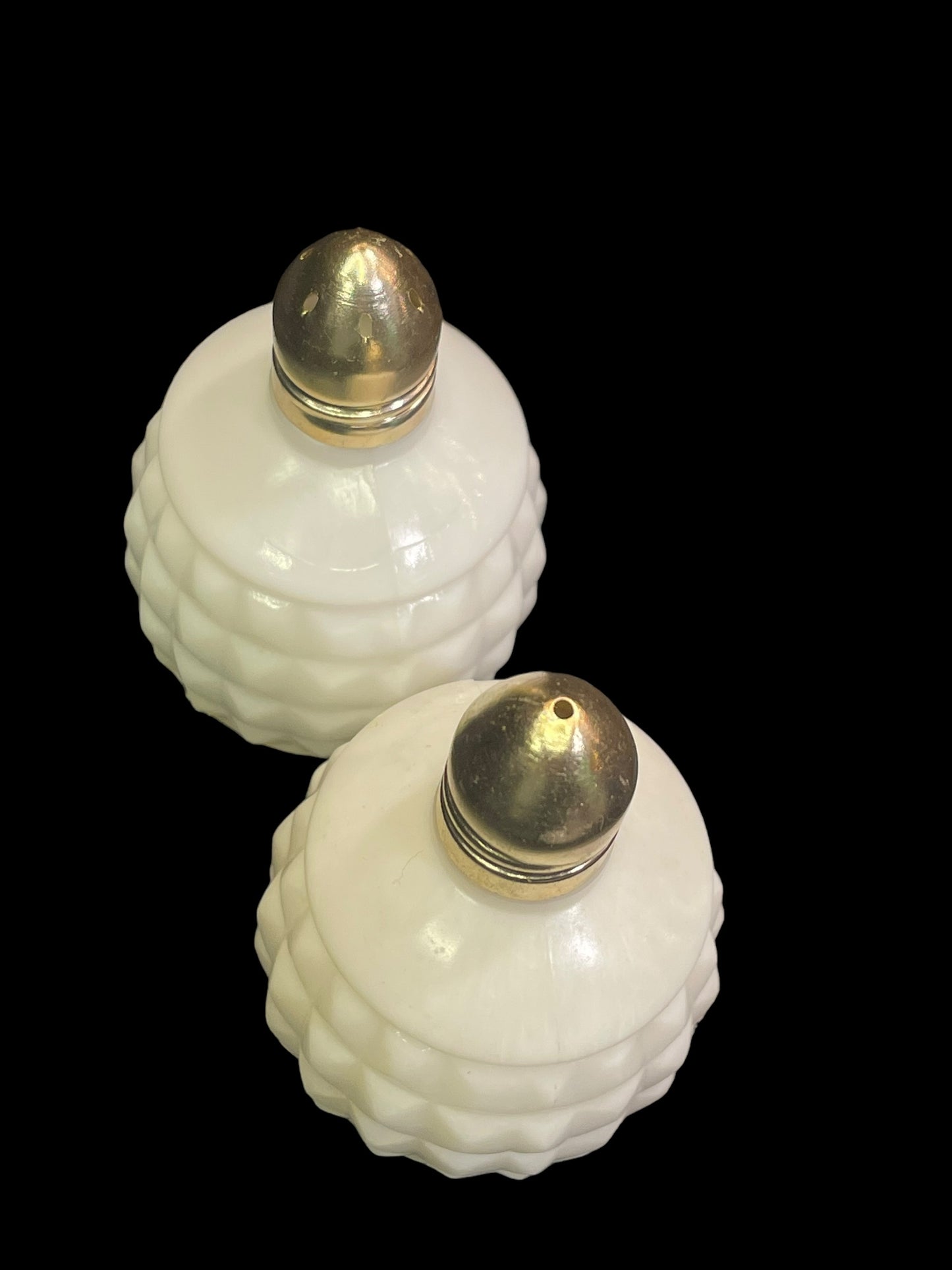 Pair of Vintage Glass Milk White Salt and Pepper Shakers Made in Hong Kong