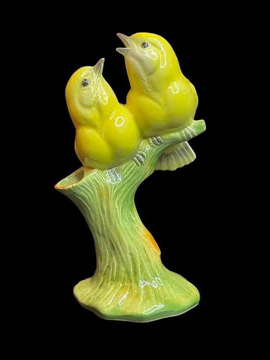 Vintage Yellow Birds Perch On Branch Bud Vase Figurine