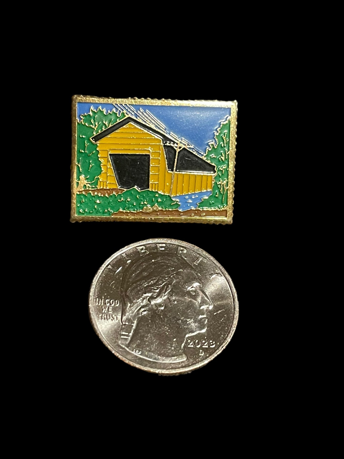 Vintage Colorful Rustic Covered Bridge Keepsake Enamel Brooch Pin