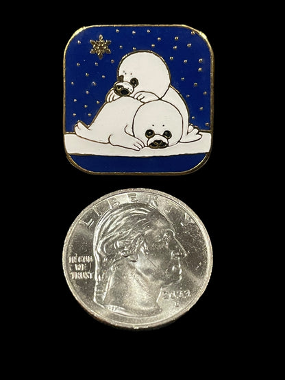 Vintage Gold Tone White Harp Seals Under Starry Night Enamel Brooch Pin