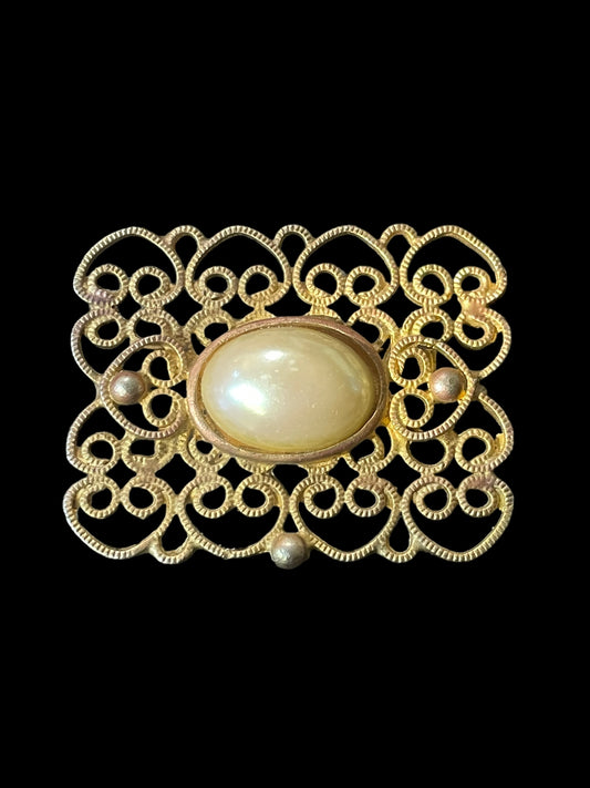 Vintage Goldtone Faux Pearl with Decorative Metalwork Brooch