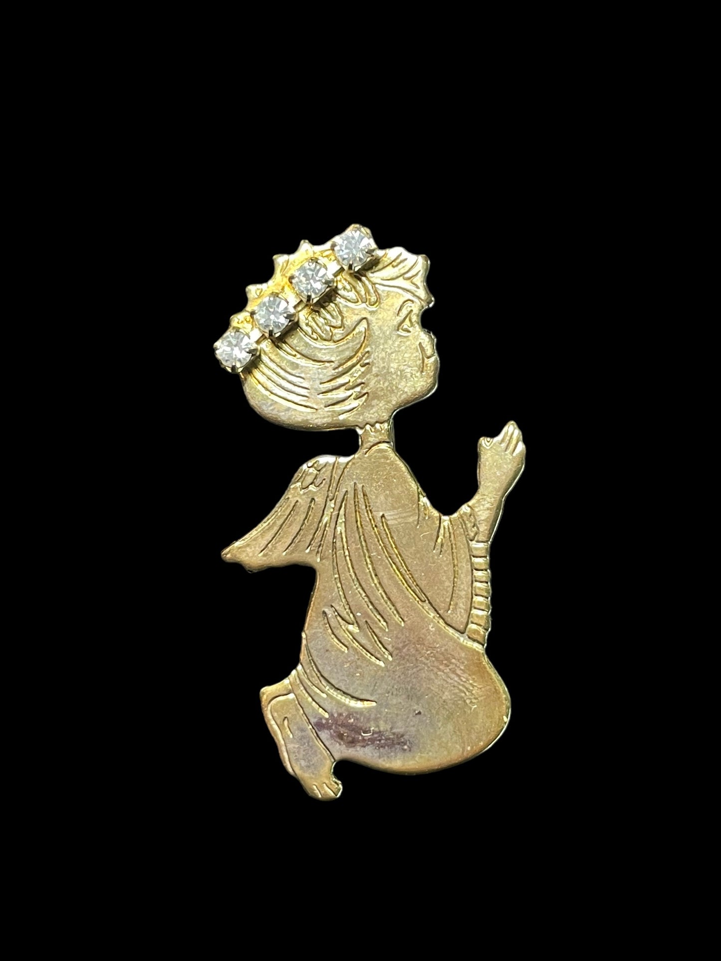 Vintage Clear Rhinestones Halo Etched Gold Tone Praying Angel Brooch Pin