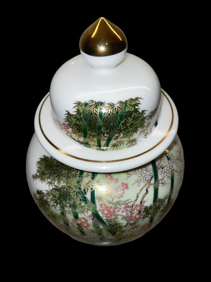 Vintage OMC 8” Peacocks Bamboo Birds Gold Gilded Ginger Jar JAPAN