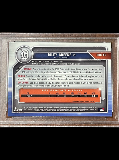 Riley Greene With Bat #BDC-50 2019 Bowman Draft Chrome Graded PSA 9