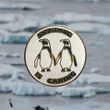 Vintage Sharing Is Caring Penguins White and Gold Tone Round Enameled Brooch Pin