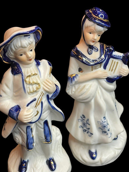 Vintage Musician Couple White & Blue with Gold Accent Porcelain Figurines