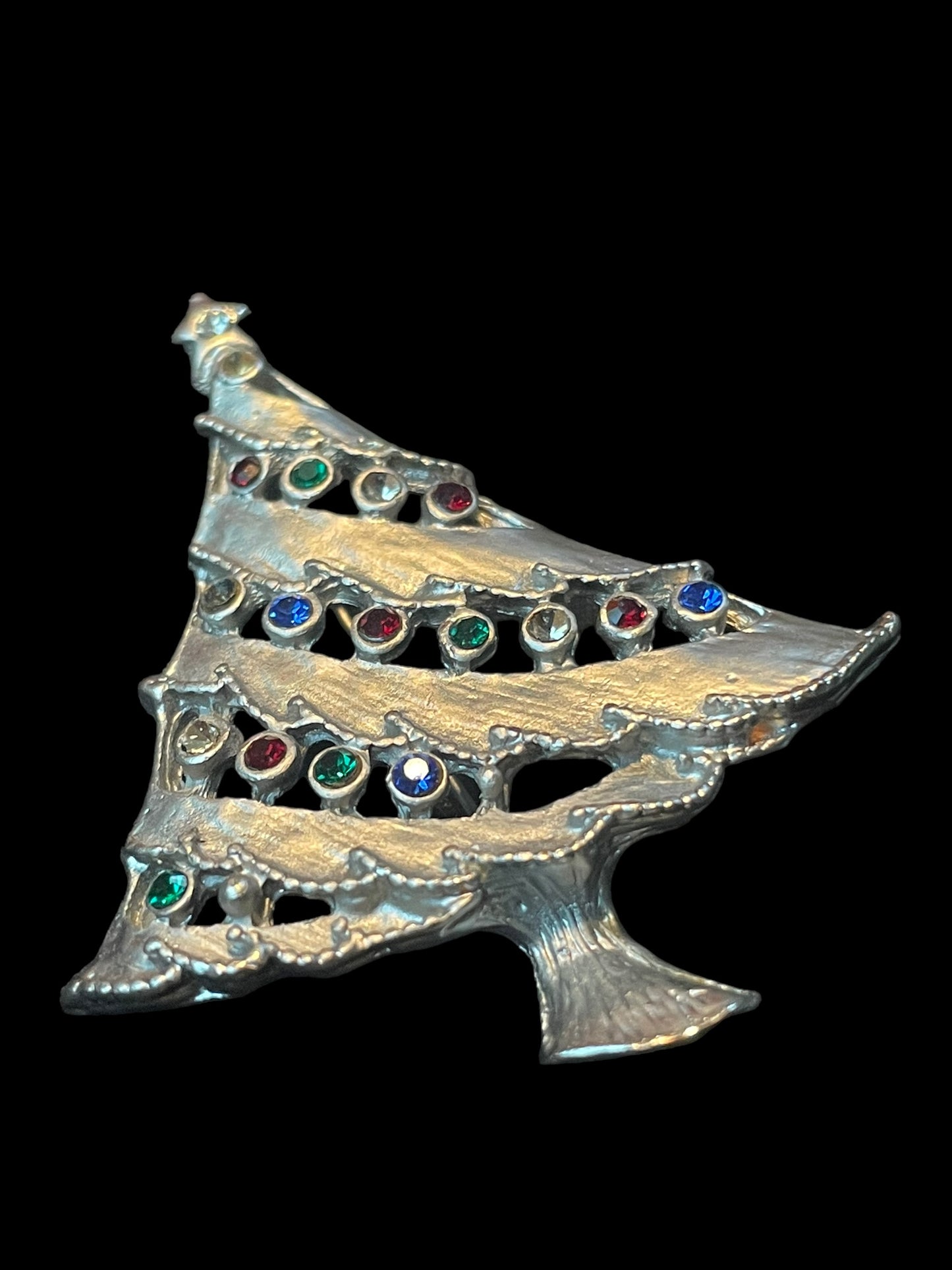 Silver Christmas Tree with Colorful Rhinestone Ornaments Brooch