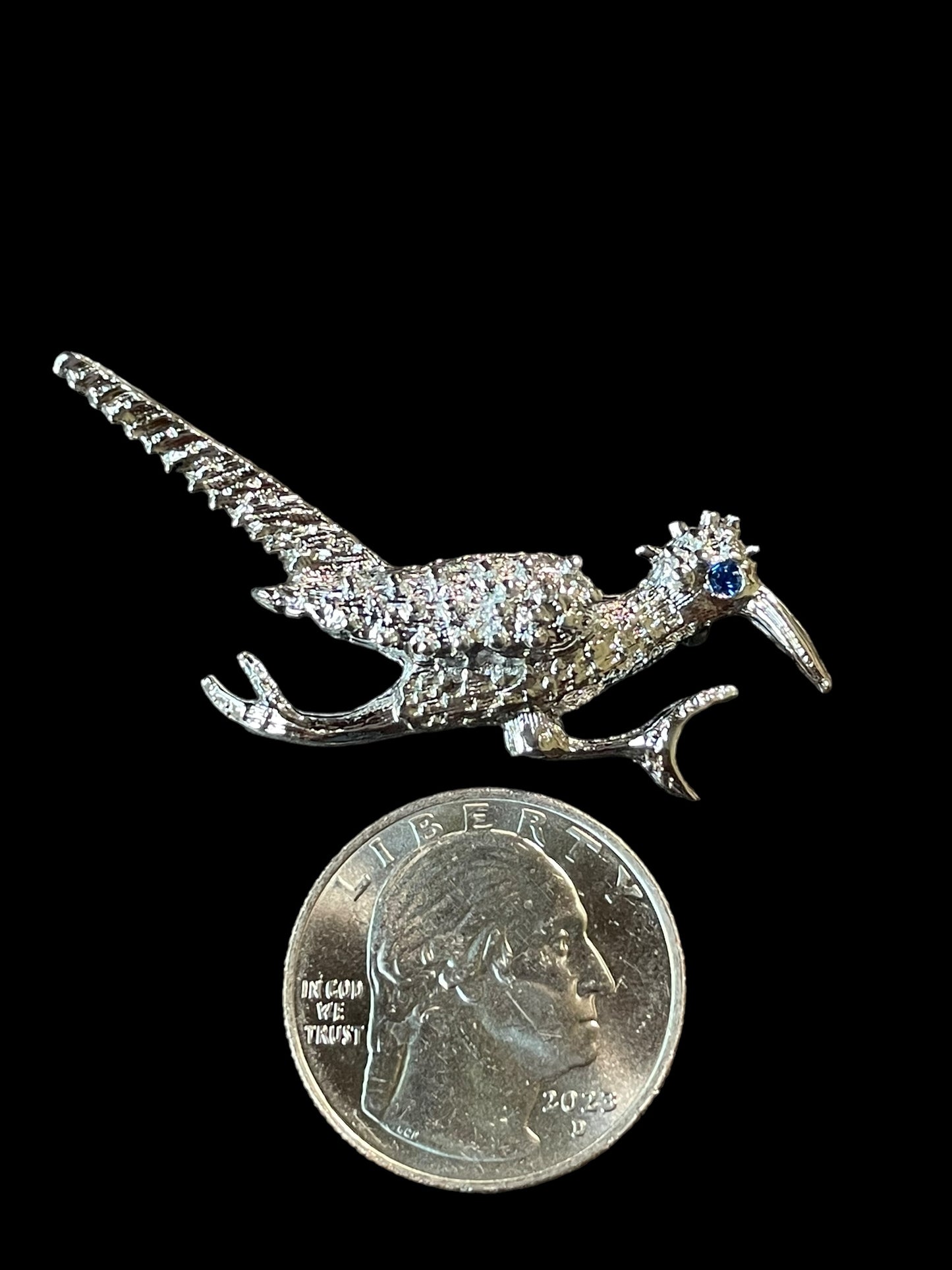 Vintage Gerry's Silver Tone Roadrunner with Blue Gemstone Eye Brooch Pin