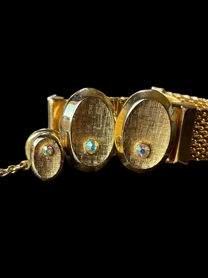 Vintage Oval Gold Tone Cufflinks Clasps and Tie Pin with Imitation Diamond Inlay Set