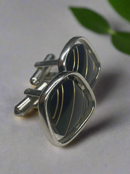 Hickok Black Onyx Silver Tone Men Cufflinks Vintage