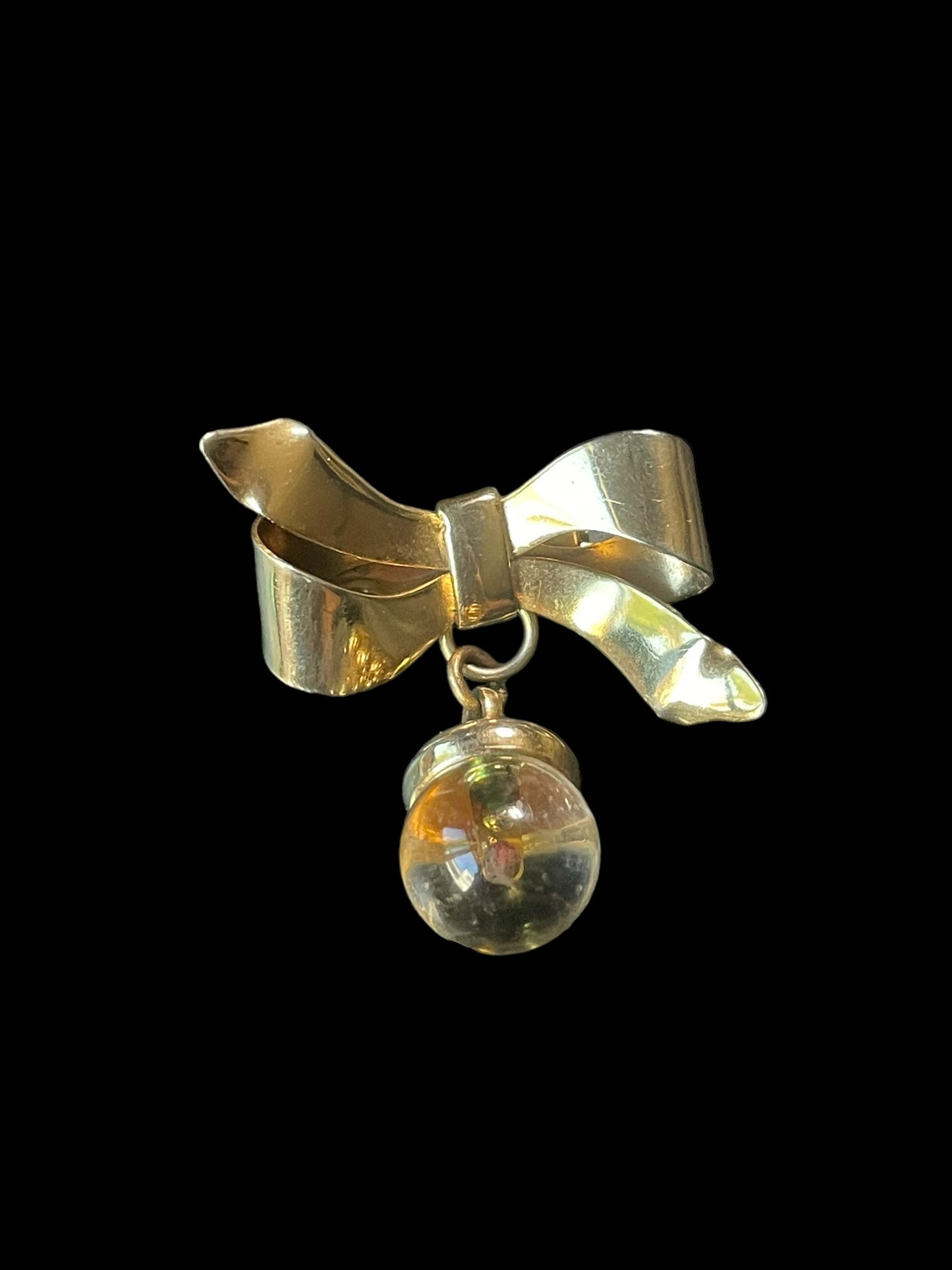 Vintage Gold Tone Bow with Dangling Mustard Seed Orb Charm Symbolizing Faith