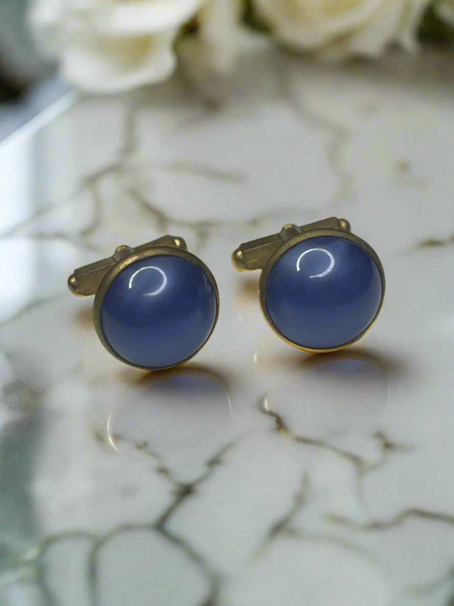 Blue Lucite Dome Gold Tone Men Cufflinks