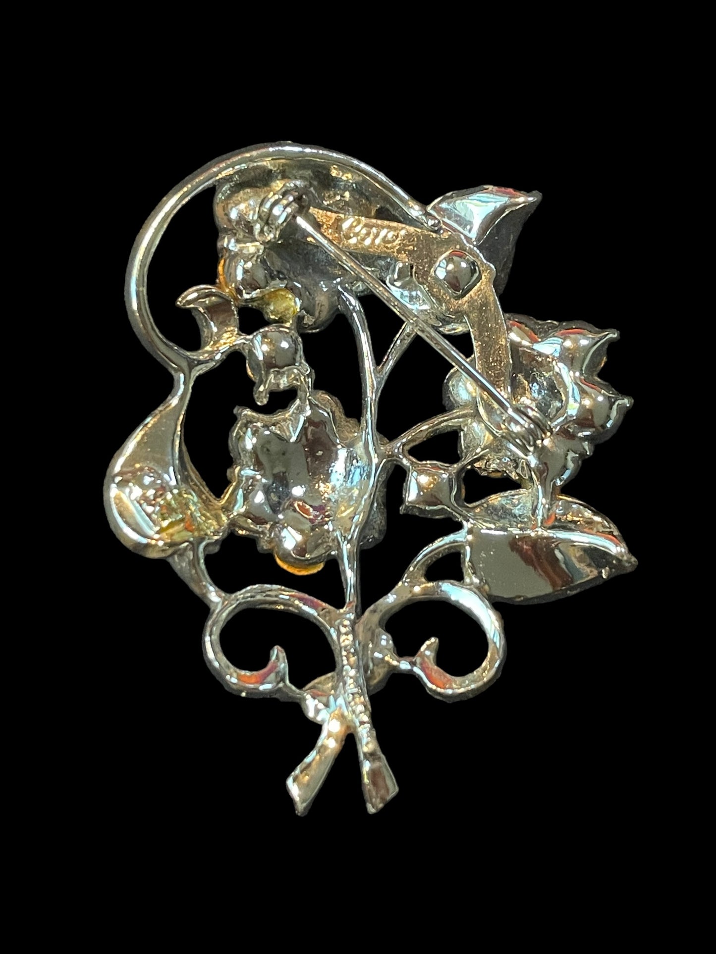 Vintage Pegasus Coro Yellowish Rhinestone Flowers and Leaves Brooch