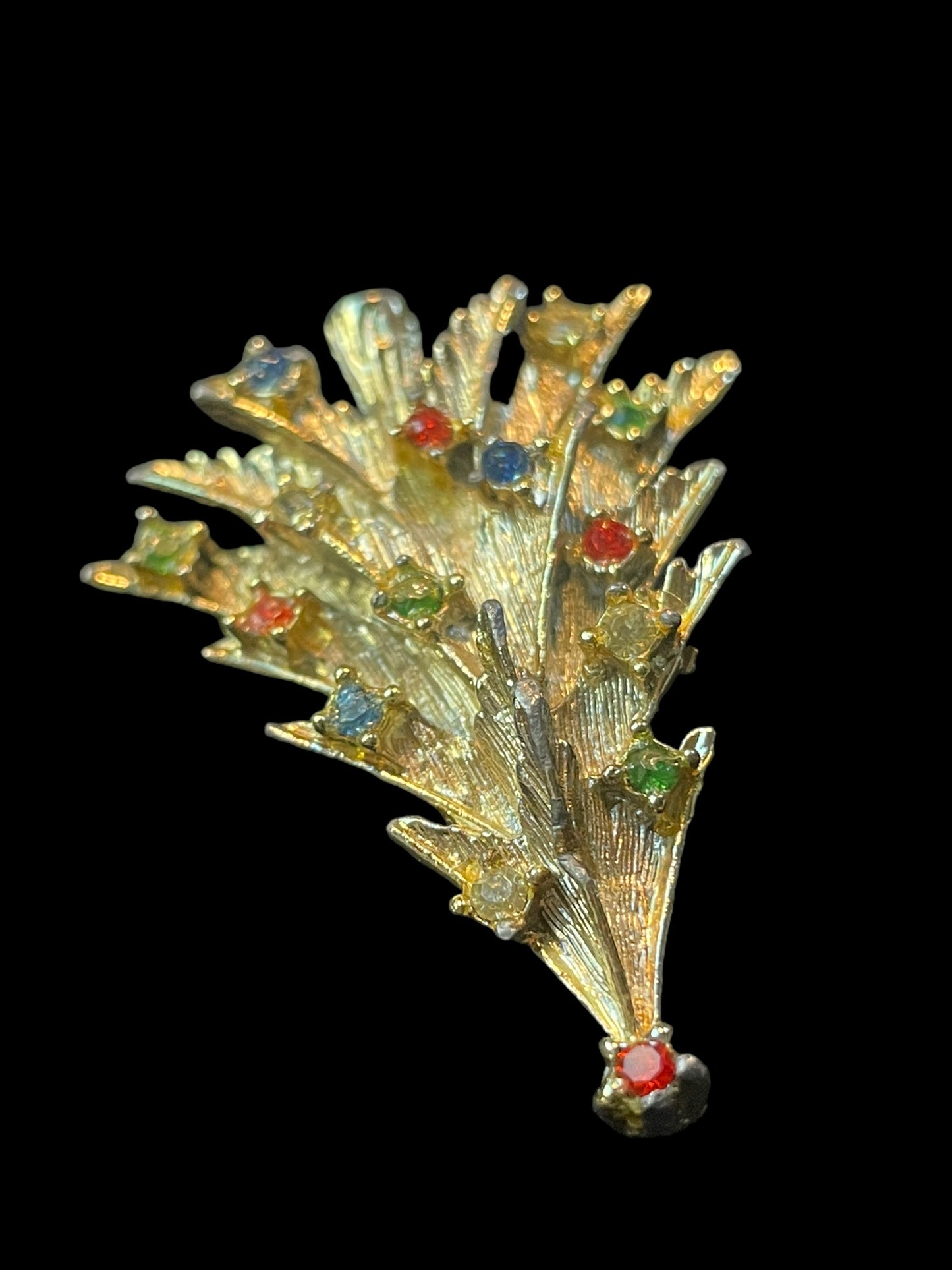 Vintage Gold Toned Christmas Tree Colorful Stone Ornaments Brooch Pin