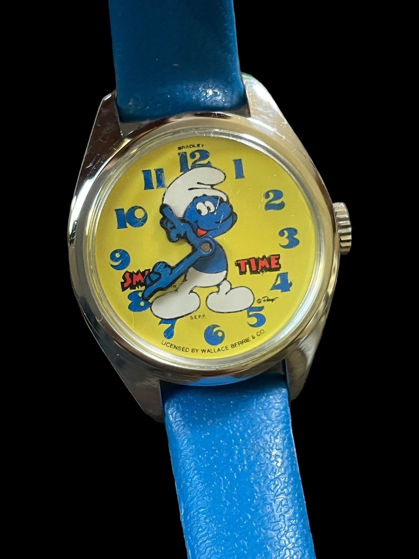 80's Blue Bradley Smurf Time Faux Leather Watch