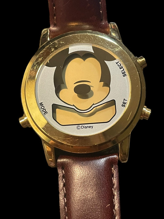 Rare Vintage Disney Winking Mickey Mouse Gold Tone Digital Watch