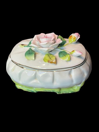 1960s Hand Painted Pink Roses Porcelain Oval Trinket Box