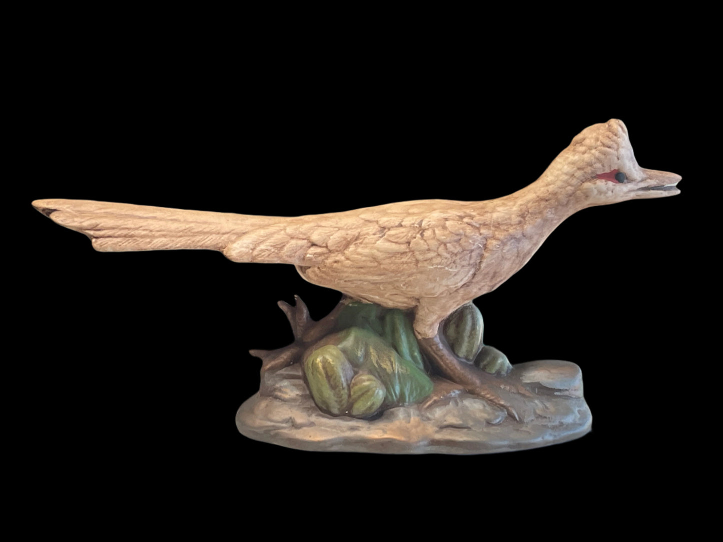 Hand Painted Brown Roadrunner with Cactus Vintage Ceramic Figurine