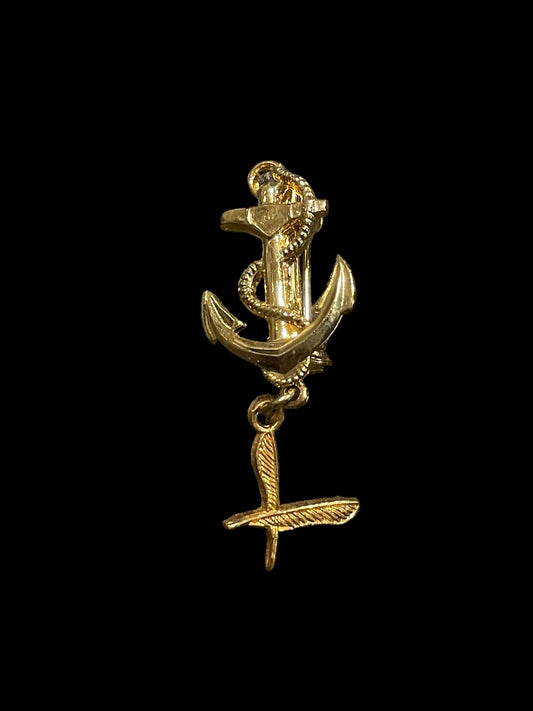 Gold Tone Nautical Anchor and Dangling Feathers Brooch Pin