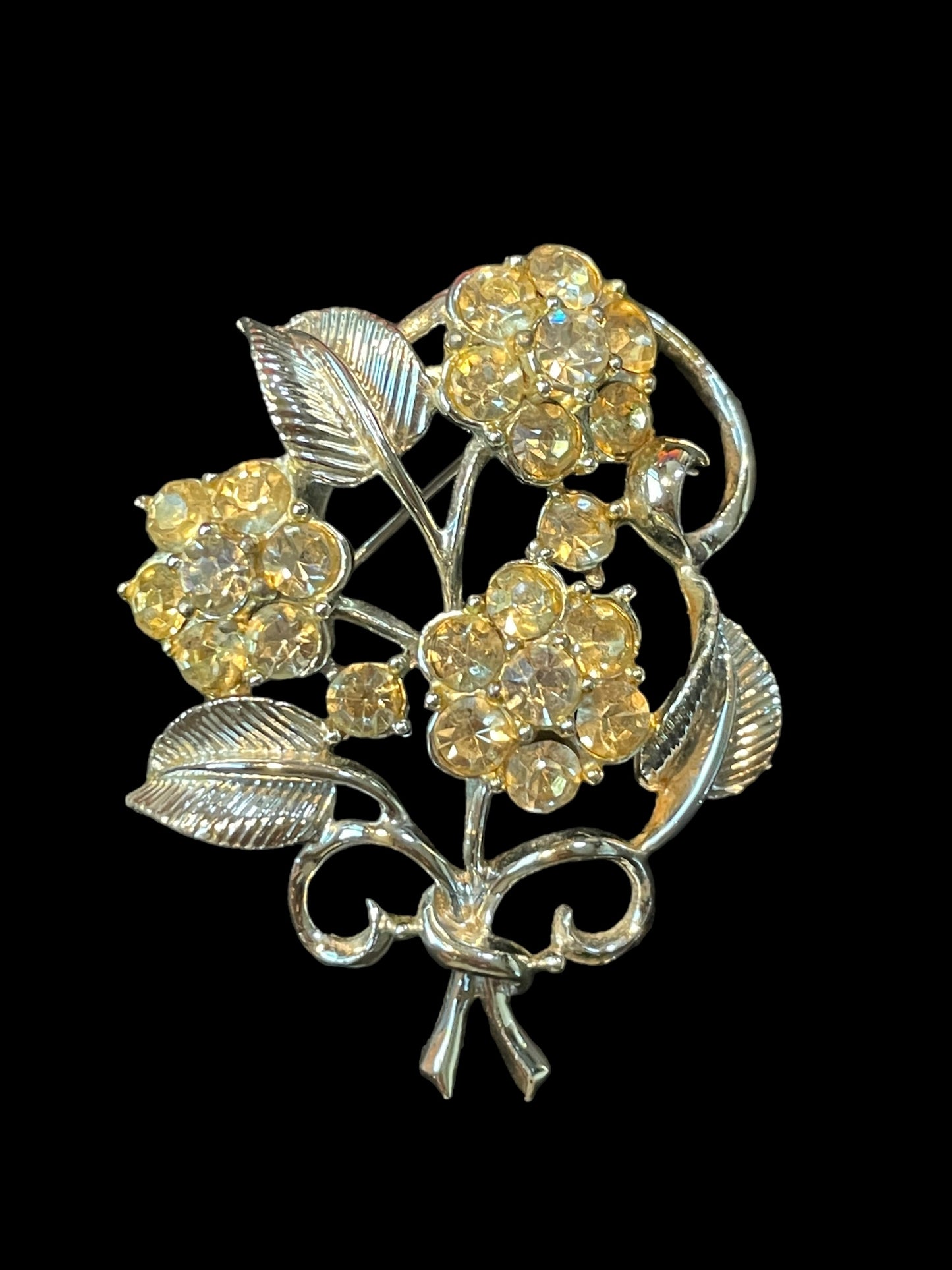 Vintage Pegasus Coro Yellowish Rhinestone Flowers and Leaves Brooch